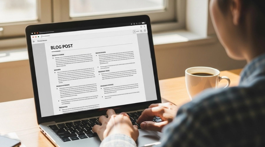 How Local Businesses Can Rank in AI Search (2026 Guide).. Content creator working on blog post with structured headings, showing how local businesses can rank in AI search (2026 guide)