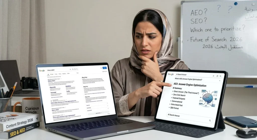 Answer Engine Optimization: Why It Is Future of Search. Woman at desk comparing SEO and AEO on laptop and tablet, with whiteboard questions about the future of search in background.