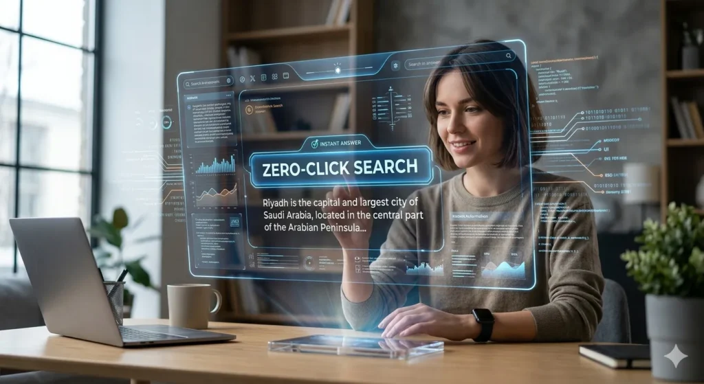 Answer Engine Optimization: Why It Is the Future of Search. A digital marketing professional interacting with a holographic "Zero-Click Search" interface showing AI-generated answers and data analytics on a modern desk.