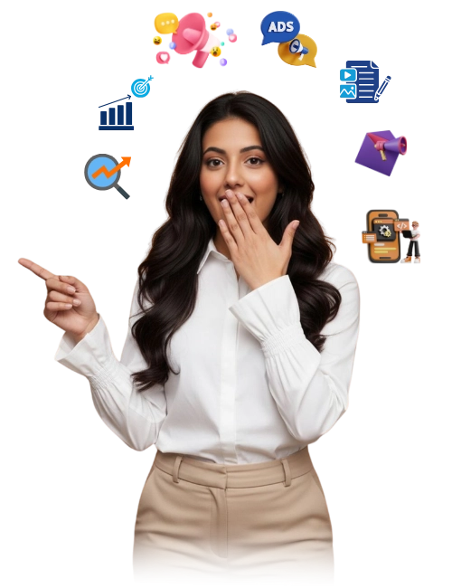 freelance digital marketing services in riyadh. Professional woman pointing left, surprised expression, white background, minimalist business style. Floating around her are flat-design vector icons for digital growth: megaphone, search engine optimization, and mobile marketing. Sharp focus, high contrast, commercial photography style, 8k resolution.