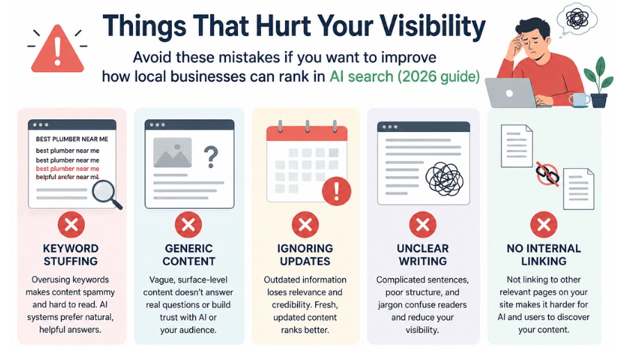 How Local Businesses Can Rank in AI Search (2026 Guide).. Infographic showing common mistakes that hurt visibility, explaining how local businesses can rank in AI search (2026 guide)