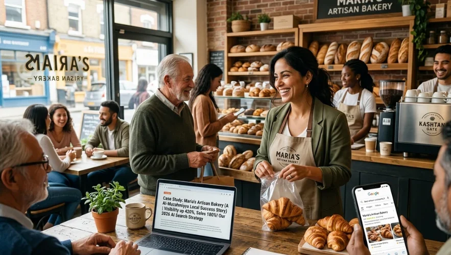 How Local Businesses Can Rank in AI Search (2026 Guide)..Busy local bakery with customers and staff, showcasing success of how local businesses can rank in AI search (2026 guide)