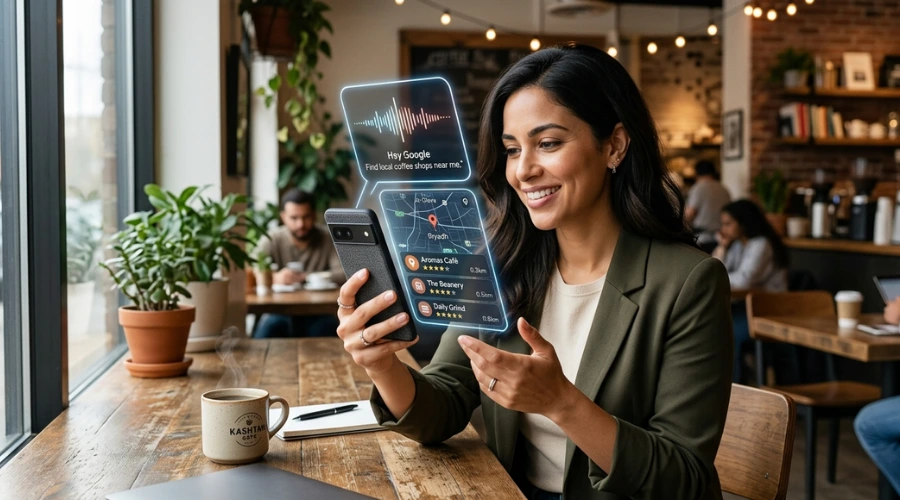 How Local Businesses Can Rank in AI Search (2026 Guide)..How Local Businesses Can Rank in AI Search (2026 Guide). Woman using smartphone with AI voice search to find local businesses in a café, showing how local businesses can rank in AI search (2026 guide)