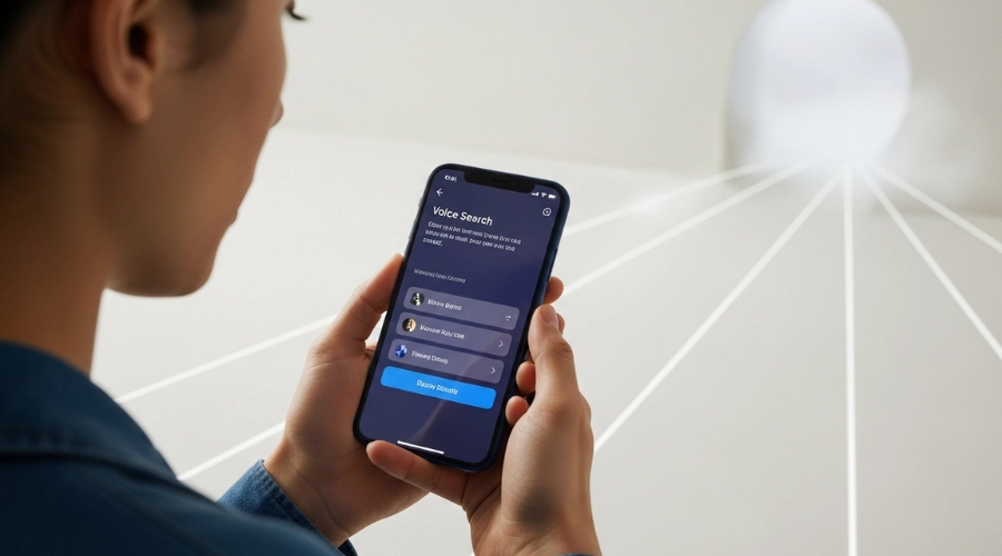 How Local Businesses Can Rank in AI Search (2026 Guide).A person speaking into a smartphone using voice search, AI assistant displaying a direct answer instead of search results, clean UI, modern environment, realistic and minimal