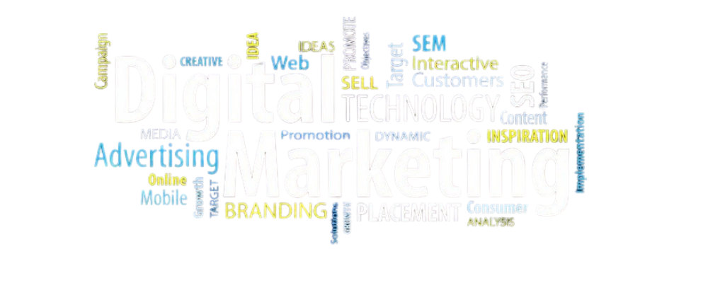 Freelance Digital Marketing Services in Riyad. A professional typography word cloud centered around the phrase "Digital Marketing" in large, bold letters. Surrounding words include SEO, Branding, SEM, Social Media, Content, Technology, and Growth. The font is a clean, modern sans-serif. The color palette consists of professional blues, soft yellows, and greys on a pure white background. High resolution, minimalist design, sharp edges
