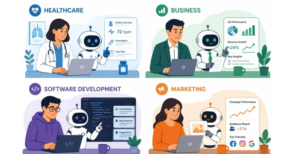What Are AI Agents: And Why They Matter Now. An illustration showing humans and AI robots collaborating across four industries: healthcare, business, software development, and marketing.