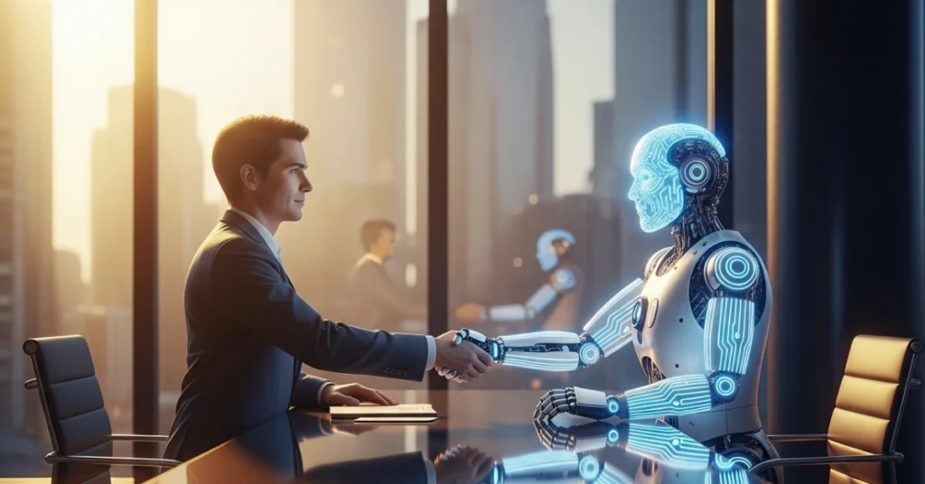 What Are AI Agents: And Why They Matter Now Business professional shaking hands with a humanoid AI robot in a modern office, symbolizing human AI collaboration.