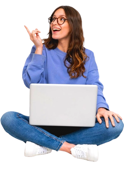 Freelance Digital Marketing Services in Riyadh,Smiling woman with glasses using laptop and pointing upward