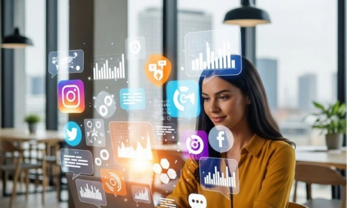 Freelance Digital Marketing Expert in Riyadh:A woman in a modern office is using a laptop with digital icons for social media and analytics sites like Facebook, Twitter, and Instagram.