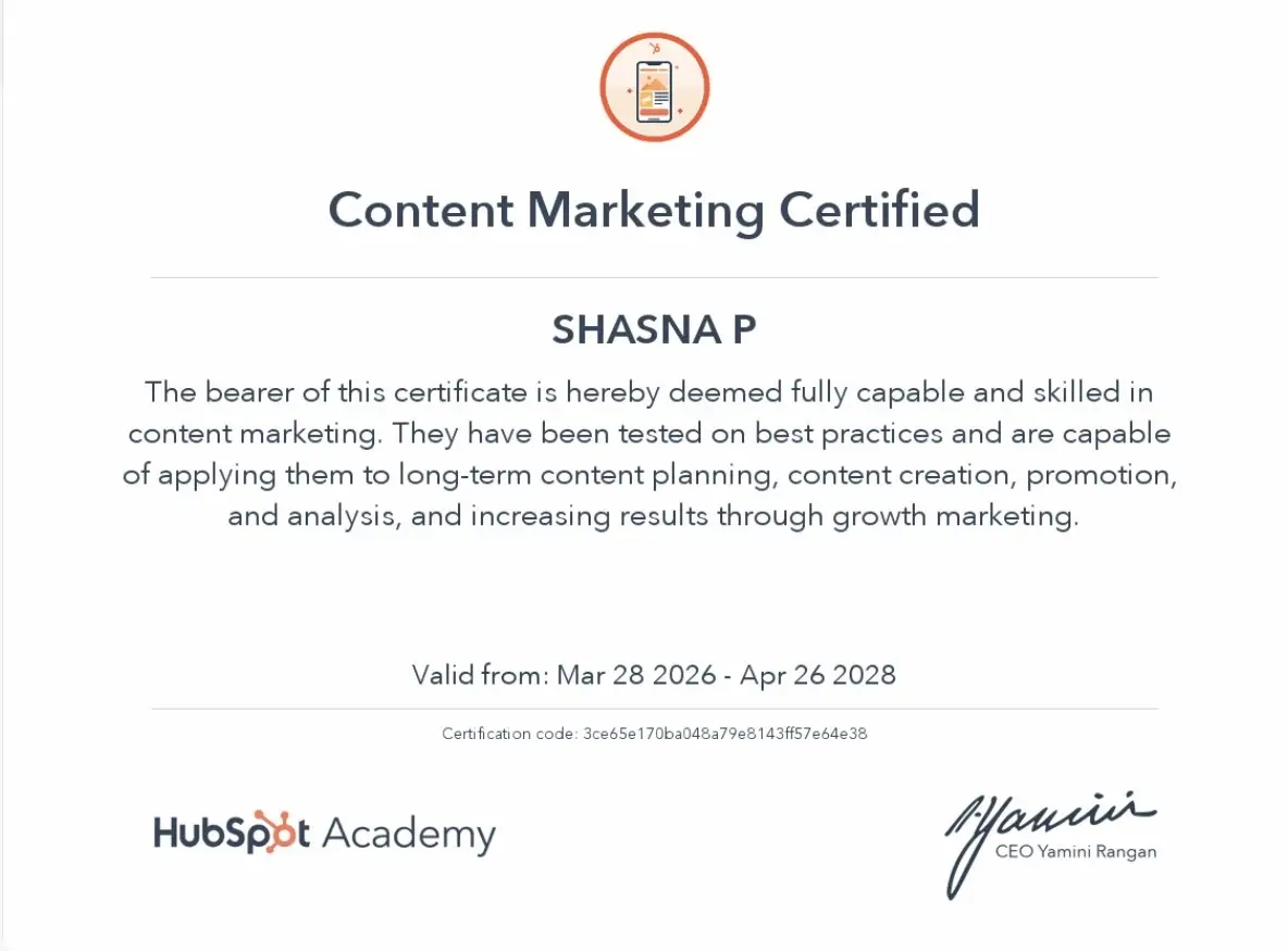 Freelance Digital Marketing Expert in Riyadh:certificate from hubspot for content creation