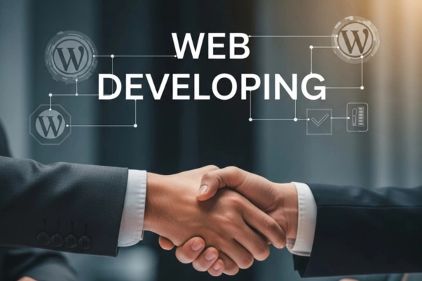 Freelance Digital Marketing Expert in Riyadh .A professional handshake between two people in suits, symbolizing a business partnership or agreement. Digital text reading "WEB DEVELOPING" floats above the hands, connected to several WordPress icons and a checkmark.