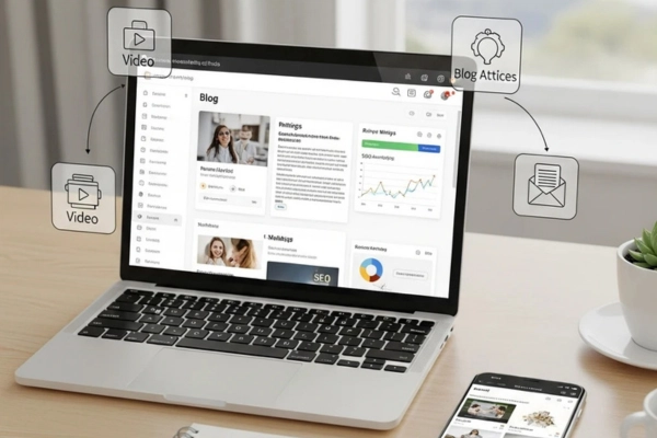 Freelance Digital Marketing Expert in Riyadh .A laptop on a desk with a blog dashboard that has content analytics, video icons, SEO insights, and a mobile interface.