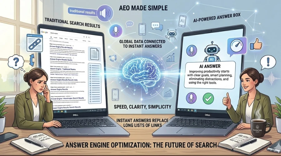 What is exactly Answer Engine Optimization: Why It Is Future of Search. A split screen illustration comparing traditional search results with direct AI answers, titled "Answer Engine Optimization: The Future of Search." It features a glowing digital brain in the center connecting complex data to clear, instant responses on a laptop screen.