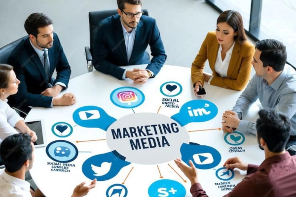 Freelance Digital Marketing Expert in Riyadh.A team of professionals sitting around a white circular table during a business meeting. The table features a graphic at the center that reads "MARKETING MEDIA," with various social media and digital icons branching out towards each person.
