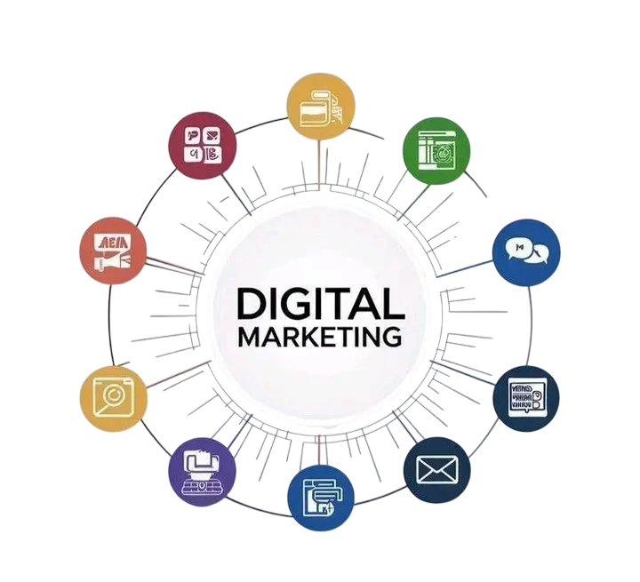 Freelance Digital Marketing Expert in Riyadh .A digital marketing infographic on a black background. A central white circle with "DIGITAL MARKETING" text is surrounded by a ring of 10 colorful, linked icons representing various online channels and tools. Each icon, connected to the center and each other by fine lines, features a graphic related to digital marketing, such as social media (Facebook and Instagram logos), email, analytics, content creation, and messaging. The design is clean, professional, and easy to read.