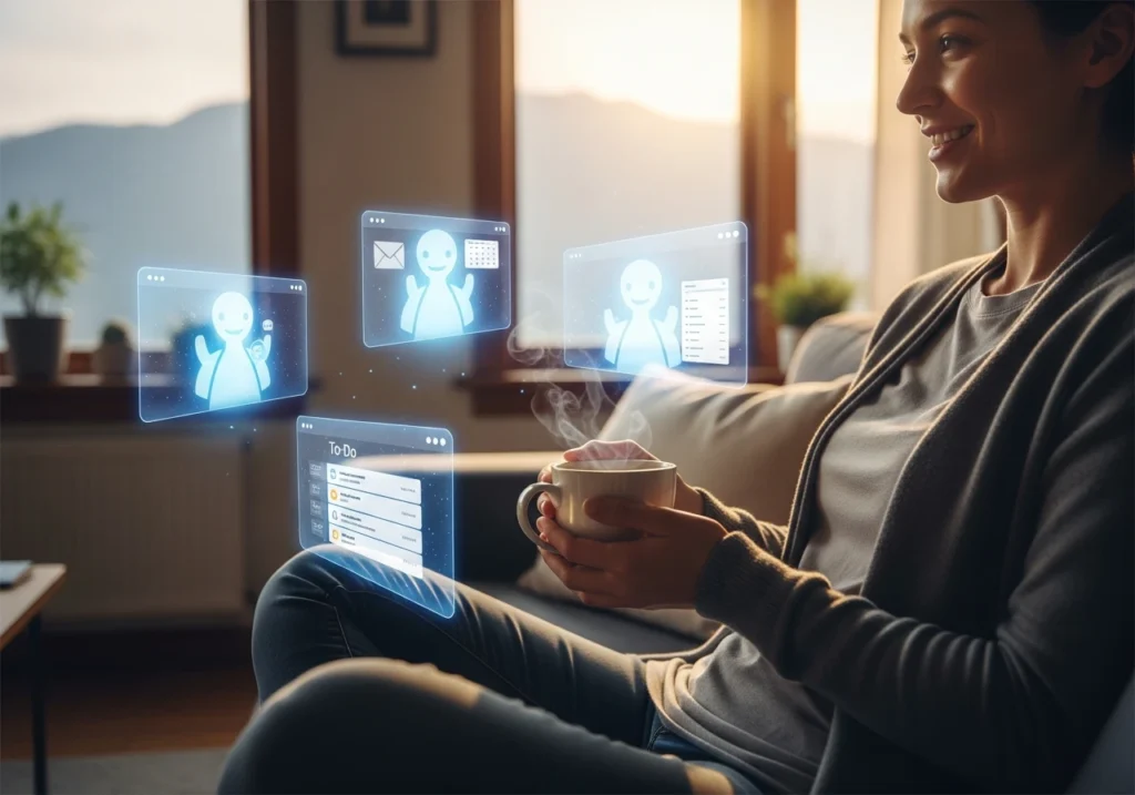 What Are AI Agents: And Why They Matter Now. Concept image of a modern remote lifestyle showing a woman managing her daily tasks through a futuristic holographic augmented reality interface while enjoying a morning coffee