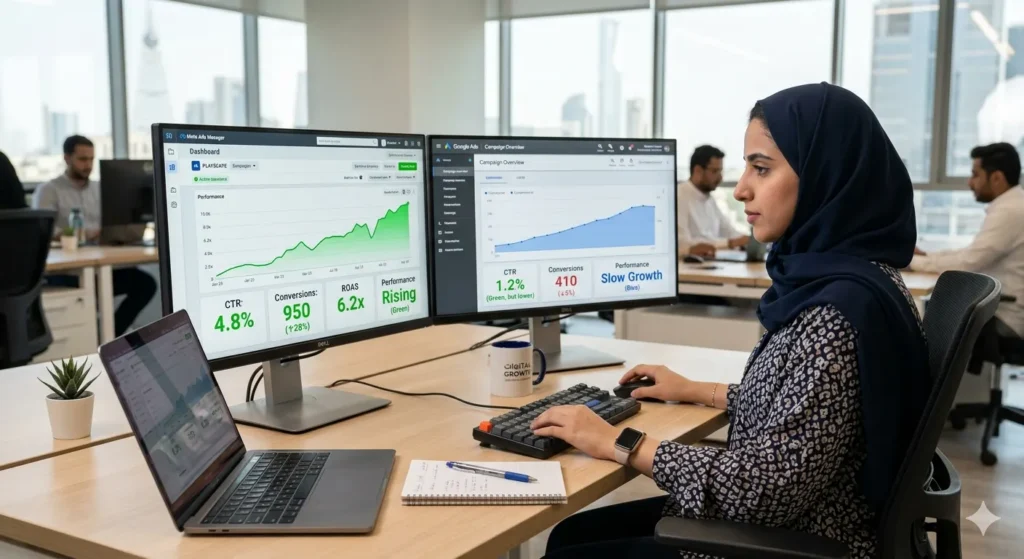 Google Just Lost Its Crown: What Every Marketer Must Know-A marketing professional reviewing two side-by-side dashboards on a wide monitor left screen shows Meta Ads Manager with Reels performance in bright green with strong upward metrics, right shows Google Ads with slower but steady growth, modern clean desk, natural office lighting, realistic and detailed