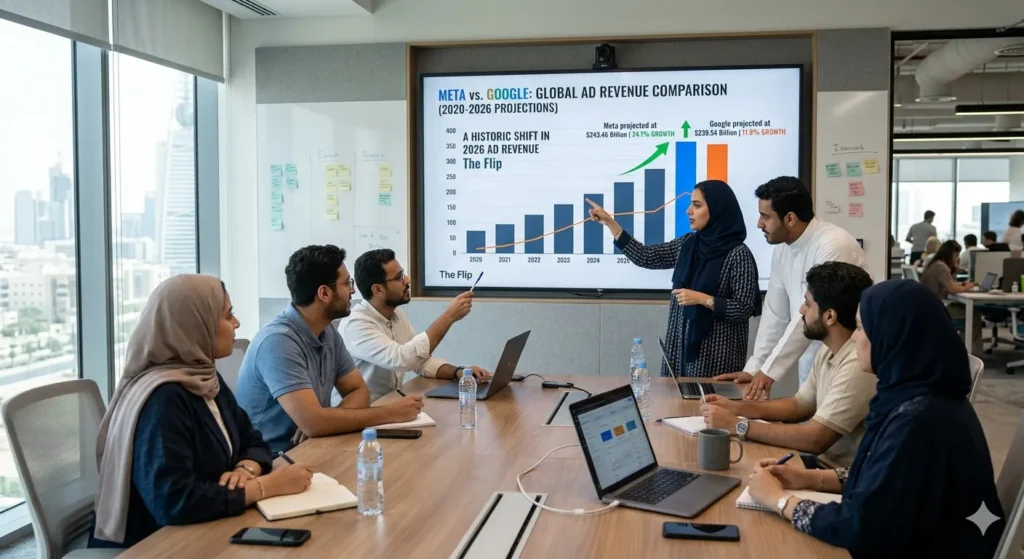 Google Just Lost Its Crown: What Every Marketer Must Know -A wide shot of a marketing team gathered around a boardroom table — large screen behind them displaying a Meta vs Google revenue comparison graph, team members pointing and discussing, modern office, natural light, realistic candid atmosphere